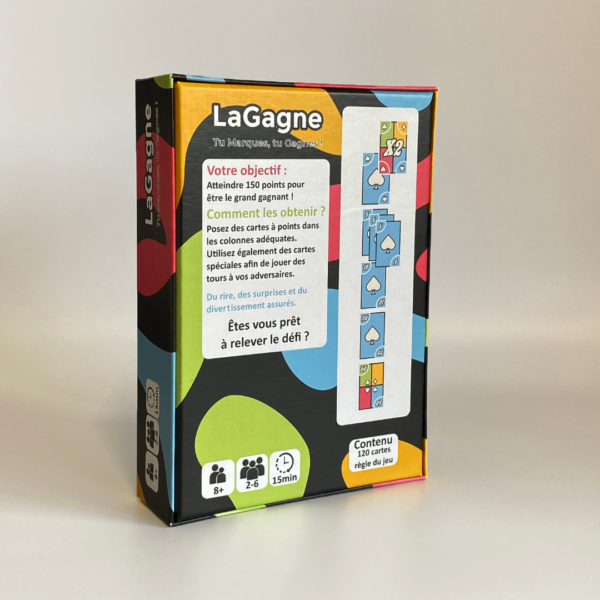 Photo de la boîte du jeu "LaGagne" vue de dos, montrant les informations et illustrations à l'arrière de la boîte.
